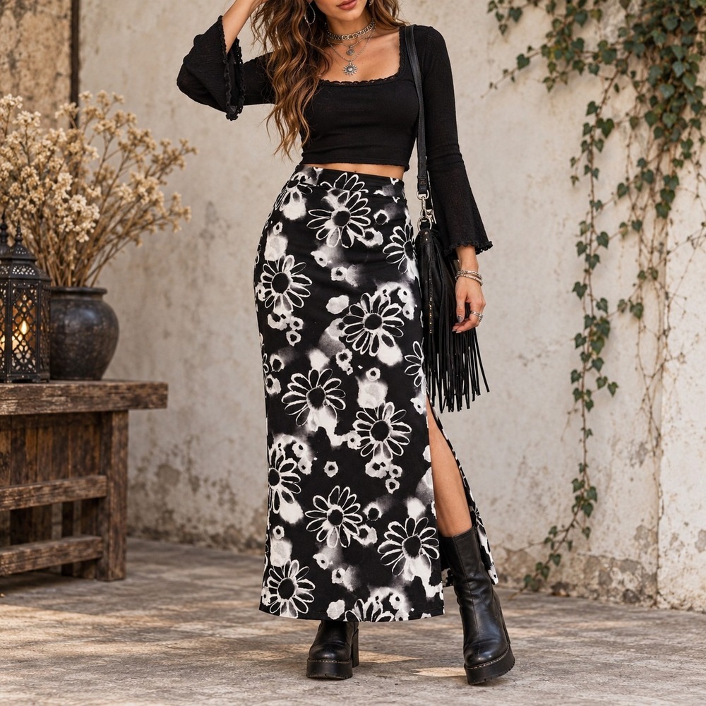 VTG Semi Sheer Xhilaration Maxi Skirt M Black Floral Y2K 90s Grunge Whimsigoth